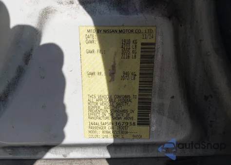 2015 Nissan Altima 2.5/2.5 S/2.5 Sl/2.5 Sv z USA, uszkodzony, nr VIN 1N4AL3AP5FN367938